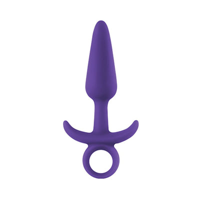 Purple tapered silicone anal plug with ergonomic base and finger loop for easy handling.