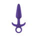 Purple tapered silicone anal plug with ergonomic base and finger loop for easy handling.