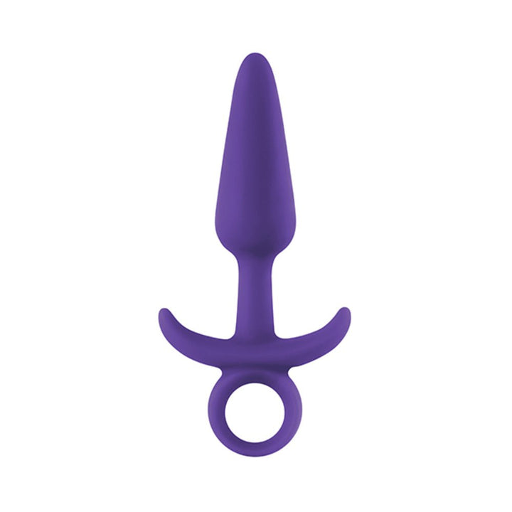 Purple silicone tapered anal plug with ergonomic base and finger loop for easy handling.