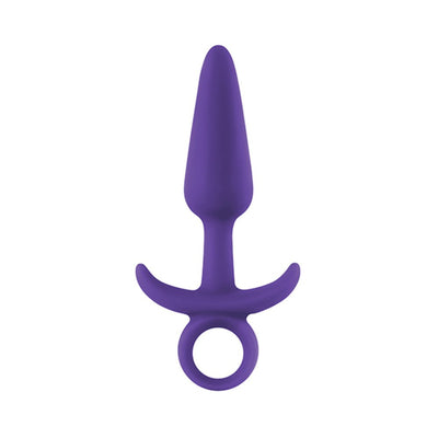 Purple silicone tapered anal plug with ergonomic base and finger loop for easy handling.