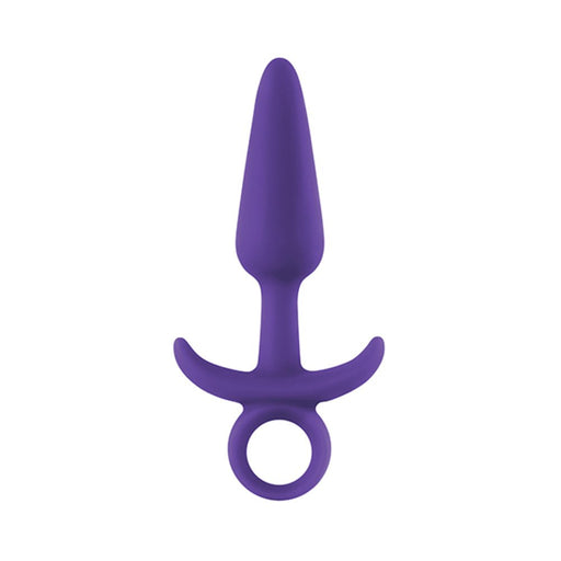 Purple silicone tapered anal plug with ergonomic base and finger loop for easy handling.