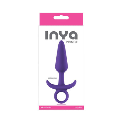 Purple silicone tapered medium anal plug with ergonomic base in white and pink retail packaging.