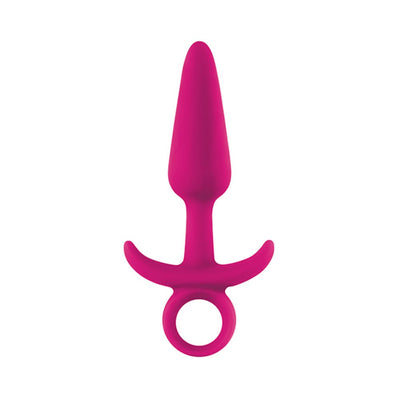 Medium-sized tapered anal plug in vibrant pink silicone with a flared base and finger loop for easy handling.