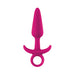 Medium-sized tapered anal plug in vibrant pink silicone with a flared base and finger loop for easy handling.