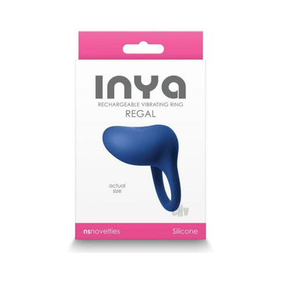 Packaging of Inya Regal rechargeable vibrating ring in blue silicone, shown at actual size with pink and white branding.