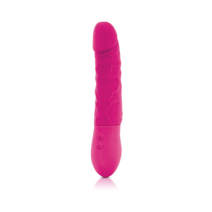 Pink realistic textured silicone vibrator with adjustable shaft and control buttons on the handle.
