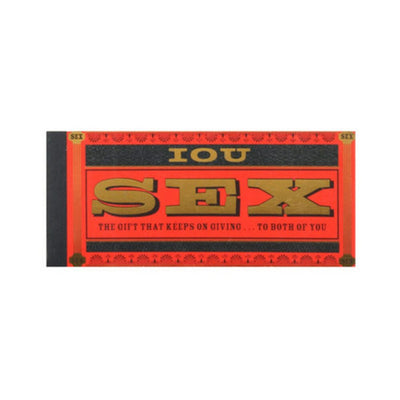 Red and black booklet of IOU sex gift coupons with gold lettering and the phrase "The gift that keeps on giving to both of you" on the cover.