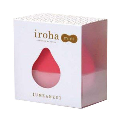 Iroha Mini Ume Anzu palm-sized red and pink massager in white retail packaging with teardrop window.