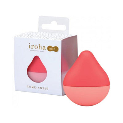 Iroha Mini Ume Anzu palm-sized red and pink massager with packaging box on white background.
