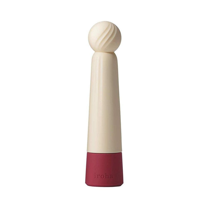 Iroha Rin Akane Massager by Tenga with a smooth cream body, textured spherical tip, and deep red base on a white background.
