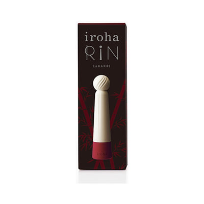 Iroha Rin Akane Massager by Tenga in cream and red with a rounded textured tip, displayed in its black and red packaging.