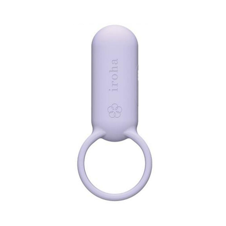 Compact lavender silicone vibration ring with smooth rounded top and loop handle, embossed with iroha logo.