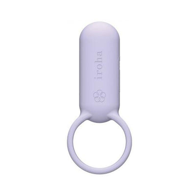 Compact lavender silicone vibration ring with smooth rounded top and loop handle, embossed with iroha logo.