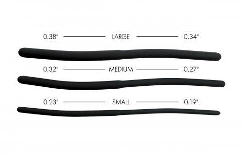 Set of three black silicone urethral sounds in small, medium, and large sizes with dual-sided graduated diameters.