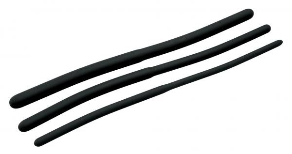 Set of three black silicone urethral sounds with graduated sizes and smooth, flexible design.