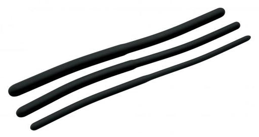 Set of three black silicone urethral sounds with graduated sizes and smooth, flexible design.