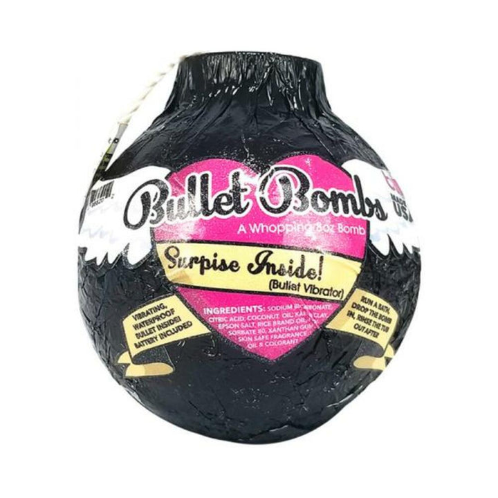 Black wrapped bath bomb labeled Bullet Bombs with surprise waterproof vibrating bullet inside, gift-ready packaging.