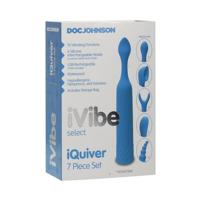 Ivibe Select iQuiver 7 Piece Set box showing blue petite vibrator with 6 interchangeable silicone heads and product features.