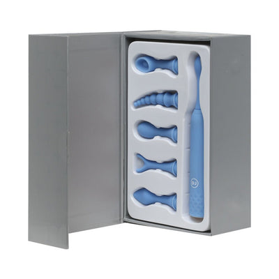 Ivibe Select Iquiver 7 piece set with a slim blue vibrator and six interchangeable textured heads in a gray box.