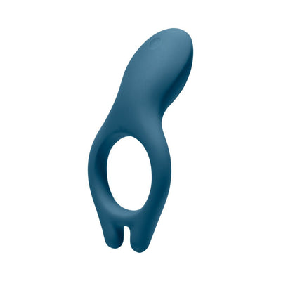 Marine blue silicone vibrating cock ring with curved design and dual prongs for enhanced stimulation.