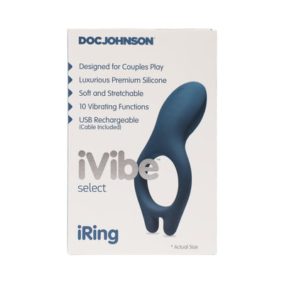 Packaging of Ivibe Select Iring Marine Blue vibrating silicone cock ring with 10 functions and USB rechargeable feature.