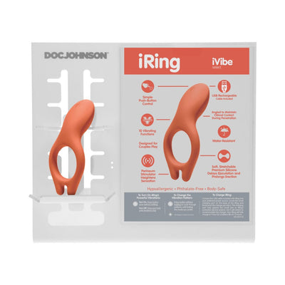 Ivibe Select iRing vibrating silicone cock ring in coral color with packaging highlighting features and usage instructions.