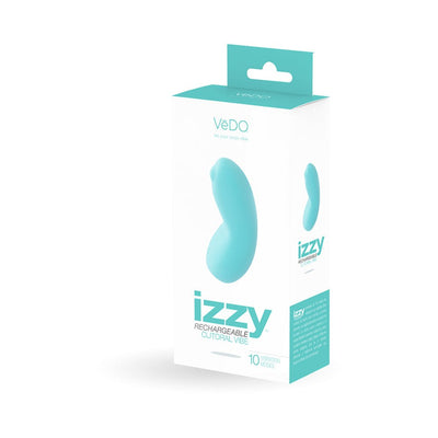 VeDO Izzy rechargeable turquoise clitoral vibrator shown in its white and turquoise retail packaging.