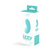 VeDO Izzy rechargeable turquoise clitoral vibrator shown in its white and turquoise retail packaging.