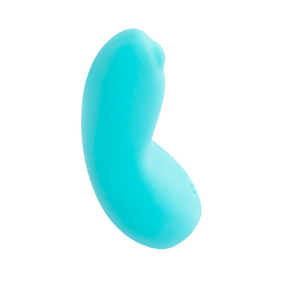 Turquoise VeDO Izzy rechargeable clitoral vibrator with smooth silicone and ergonomic curved design.