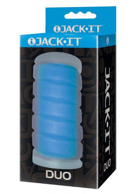 Jack It Duo Sky Blue stroker with textured design in clear and blue packaging for enhanced sensation.