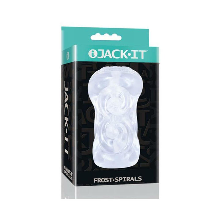 Jack-It Frost Stroker Spirals in clear textured design with adjustable grip, packaged in branded box with teal and black accents.