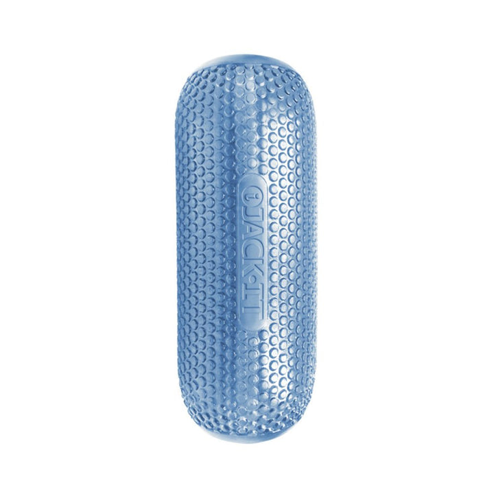 Blue textured Jack-it Stroker with ergonomic, dimpled jelly-like surface for comfortable grip and easy handling.