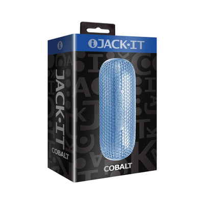 Packaging of Jack-it Stroker in cobalt blue with textured grip and ergonomic design shown on black box background.