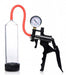 Jack Mate red penis pump with clear 9-inch cylinder, flexible red hose, ergonomic black hand pump, and pressure gauge.