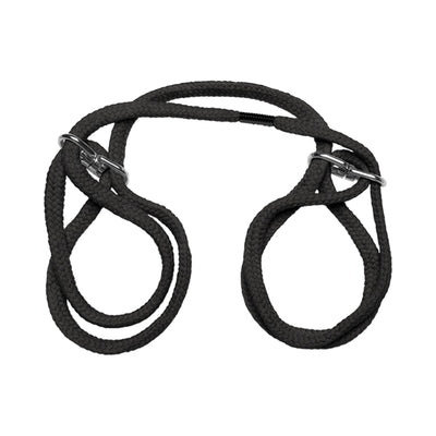 Black Japanese style cotton wrist or ankle cuffs with metal slip rings for easy adjustment and comfortable restraint.
