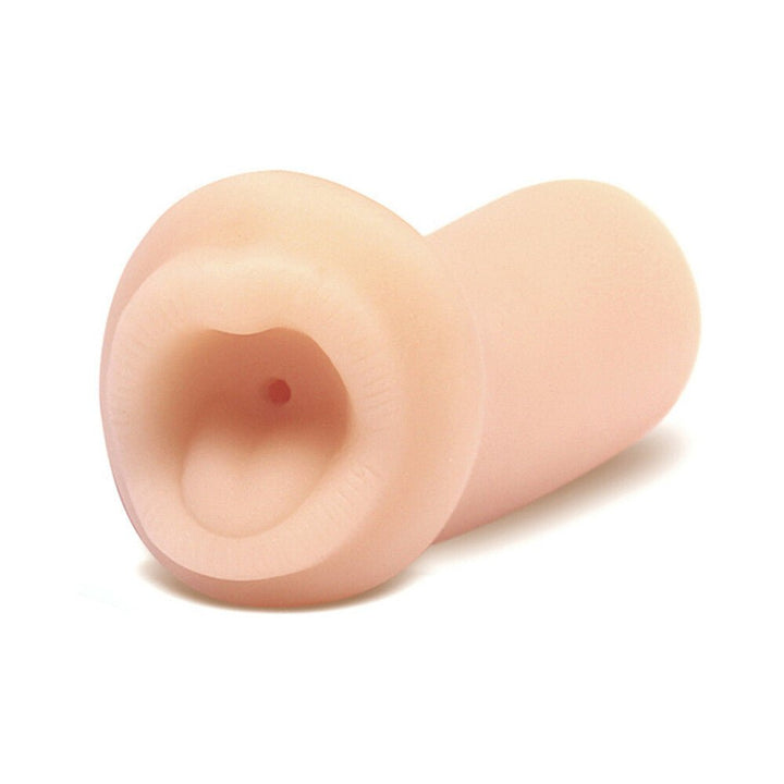 Beige soft silicone oral stroker with realistic mouth design for men’s pleasure.