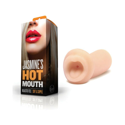 Beige soft oral stroker with realistic mouth design next to packaging featuring close-up of lips and product name Jasmine's Hot Mouth.