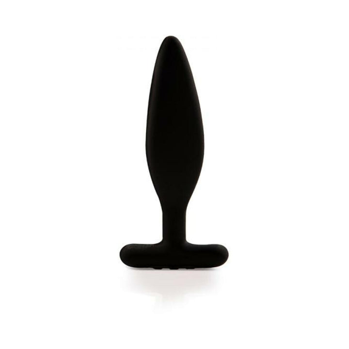 Black silicone vibrating butt plug with tapered shape and T-shaped base on white background.