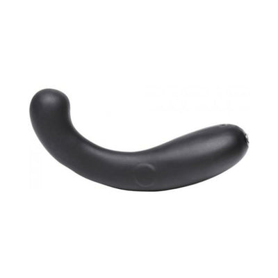 Black curved dual stimulator with smooth silicone finish and ergonomic design for customizable pleasure.