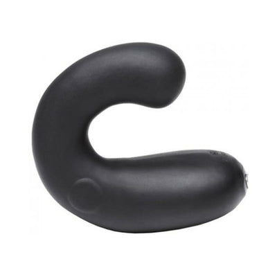 Black curved dual stimulator with smooth silicone finish and ergonomic design for customizable comfort.