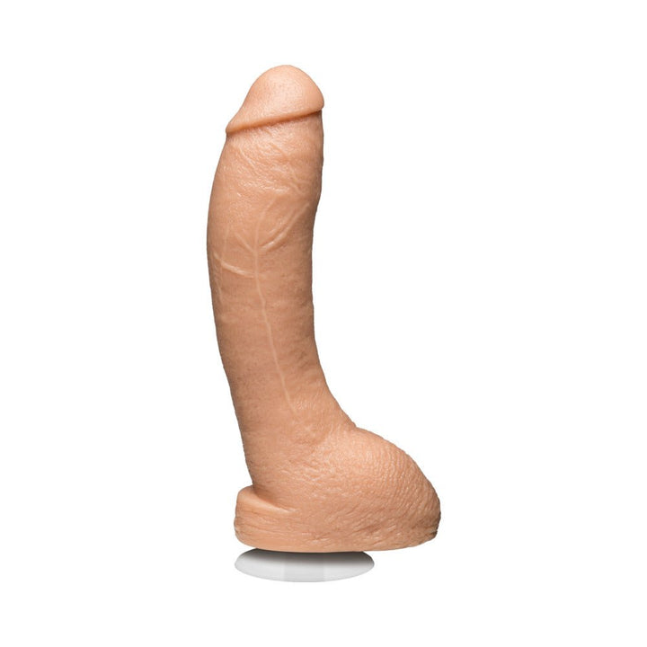 Beige 10-inch realistic dildo with textured veins and suction cup base, designed for lifelike experience.