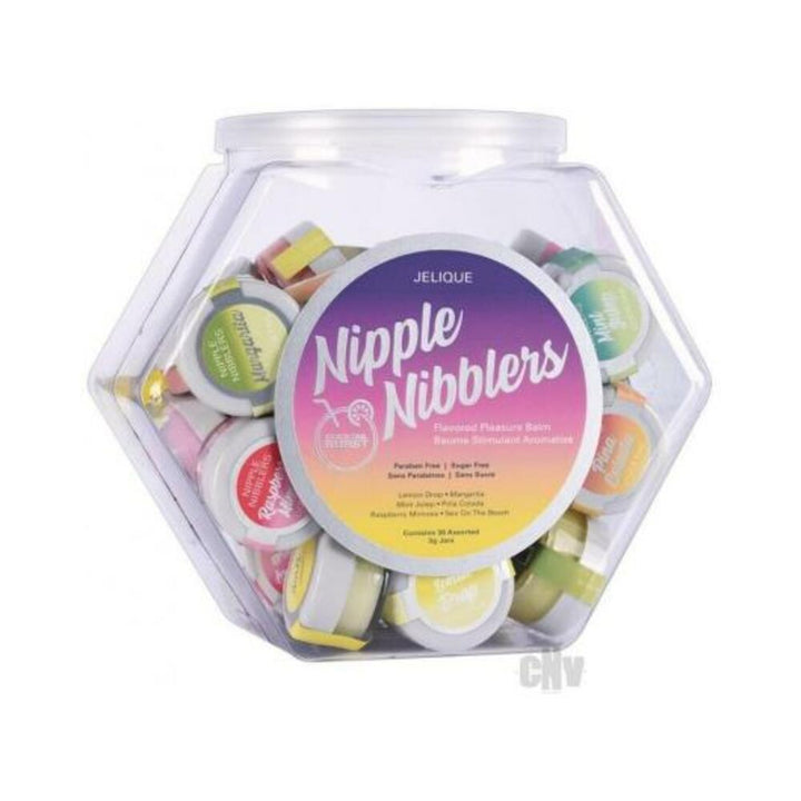Clear hexagonal tub filled with assorted Jelique Nipple Nibblers flavored pleasure balm pods.