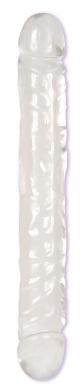 Clear double-ended flexible dildo with realistic veiny texture and smooth rounded tips.