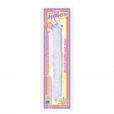 Clear flexible double-ended toy with realistic texture in retail packaging labeled Crystal Jellies Jr Double Dong 12 inches