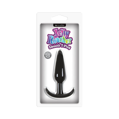 Black smooth T-shaped anal plug in clear retail packaging with colorful Jelly Rancher branding.