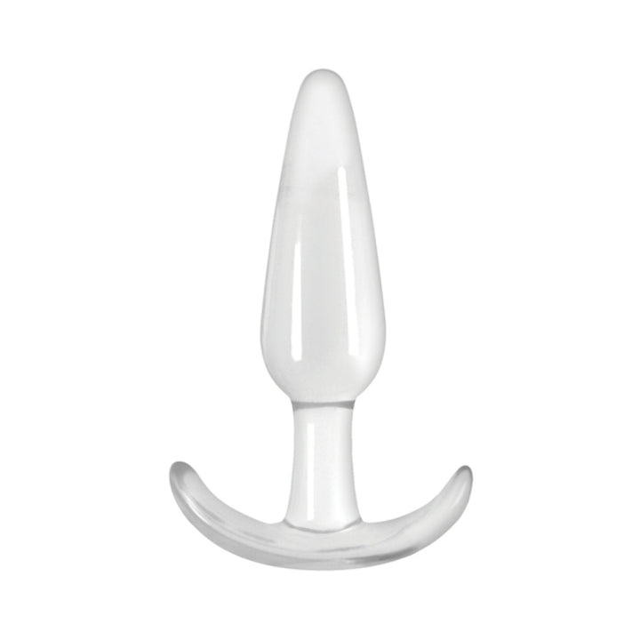 Smooth clear tapered T-shaped anal plug made of glossy body-safe material.