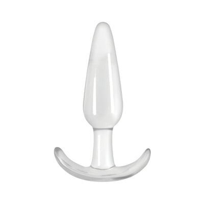 Smooth clear tapered T-shaped anal plug made of glossy body-safe material.