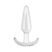Smooth clear tapered T-shaped anal plug made of glossy body-safe material.