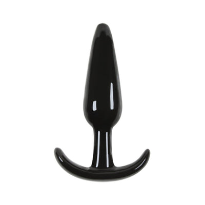 Smooth black tapered T-shaped anal plug with a glossy finish designed for comfortable use.