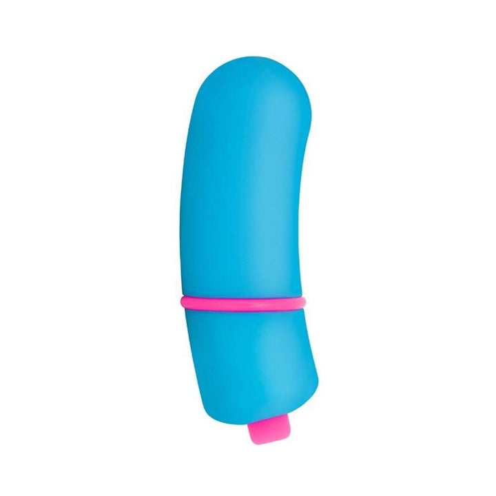 Compact blue Jelly Bean bullet vibrator with a pink accent ring and button, designed for external stimulation.